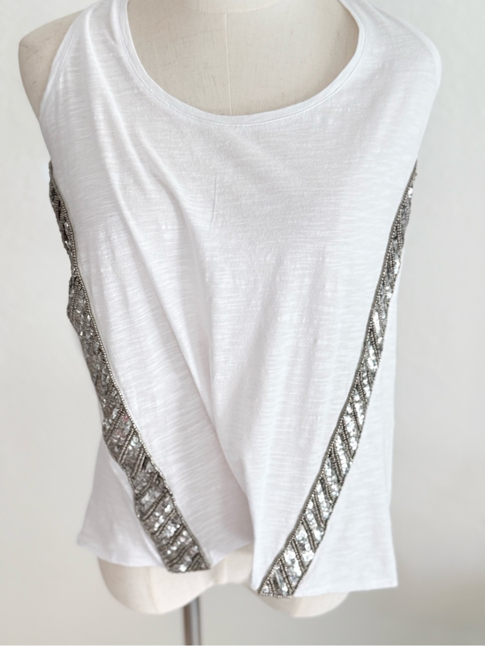 DREW White Sequin Beaded Embellished Tank Top‎ Size M Oversized